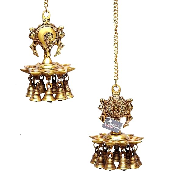 Brassmade Shankh and Chakra Symbol Hanging Diya with Bells, Decorative Oil Lamp