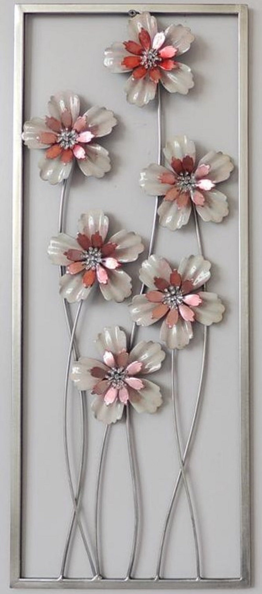 Peach and Red Flower Metal Wall Decor with Frame 10"x24"