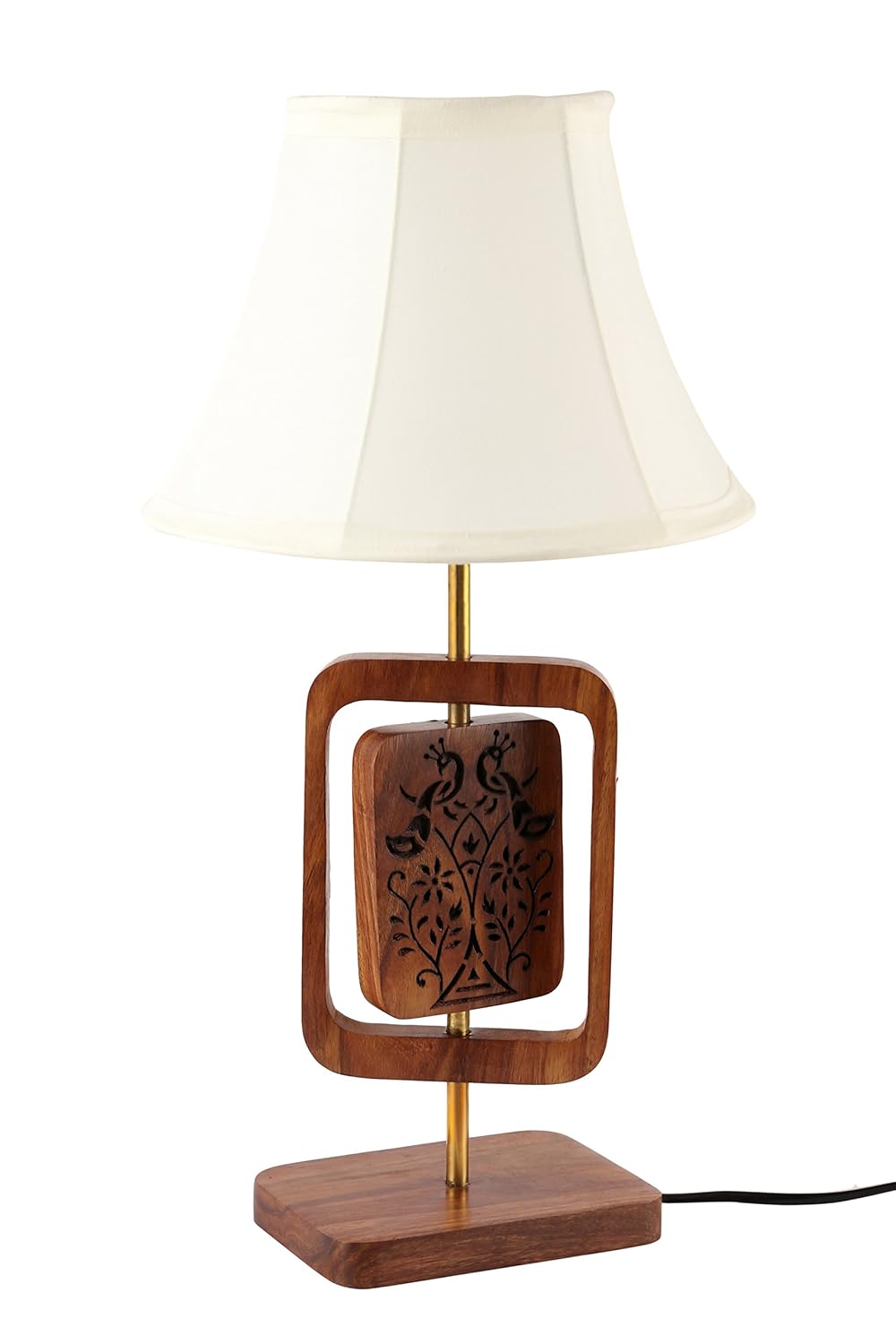 Handcrafted Sheesham Wood Table Lamp with Peacock Engraving-ArtyCraftz.com