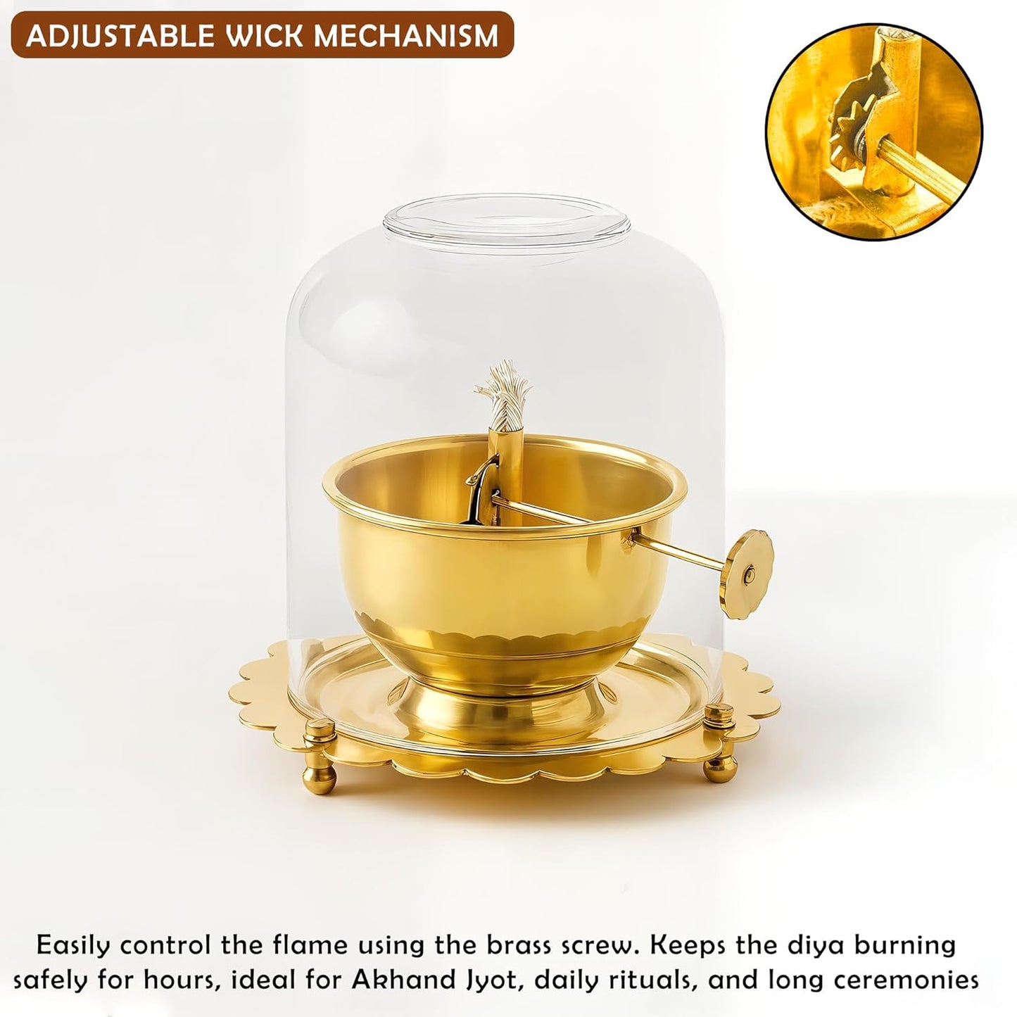Brass Akhand Jyoti Diya Oil Lamp with Adjustable Bati Knob mechanism