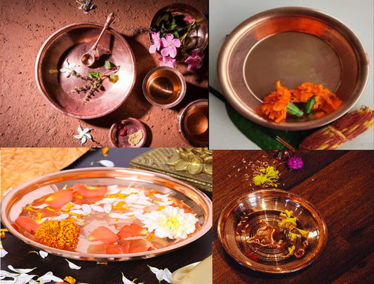 Collage of copper trays with floral decorations on a textured surface