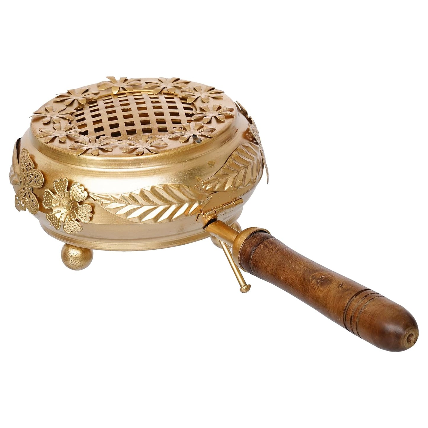 Decorative brass incense burner with wooden handle on a white background