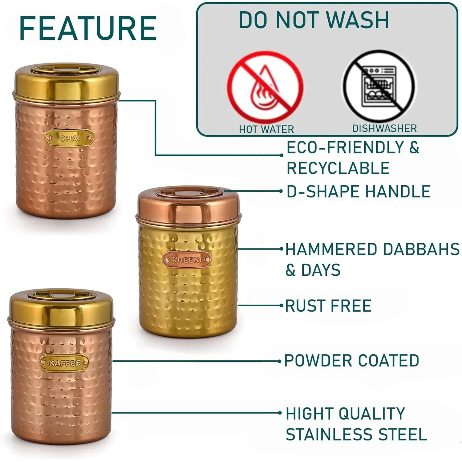 Copper containers with features highlighted on a white background
