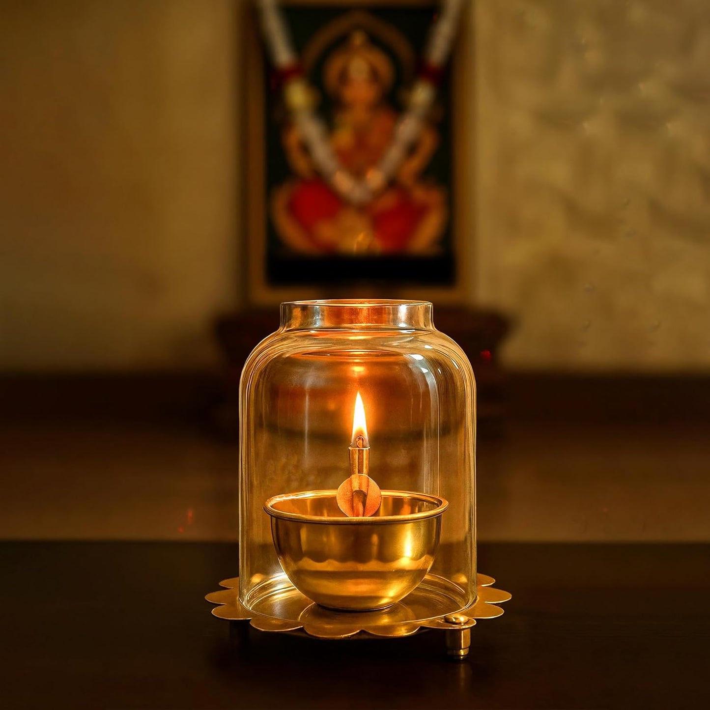 Brass Akhand Jyoti Diya Oil Lamp with Adjustable Bati Knob with Wall Photo