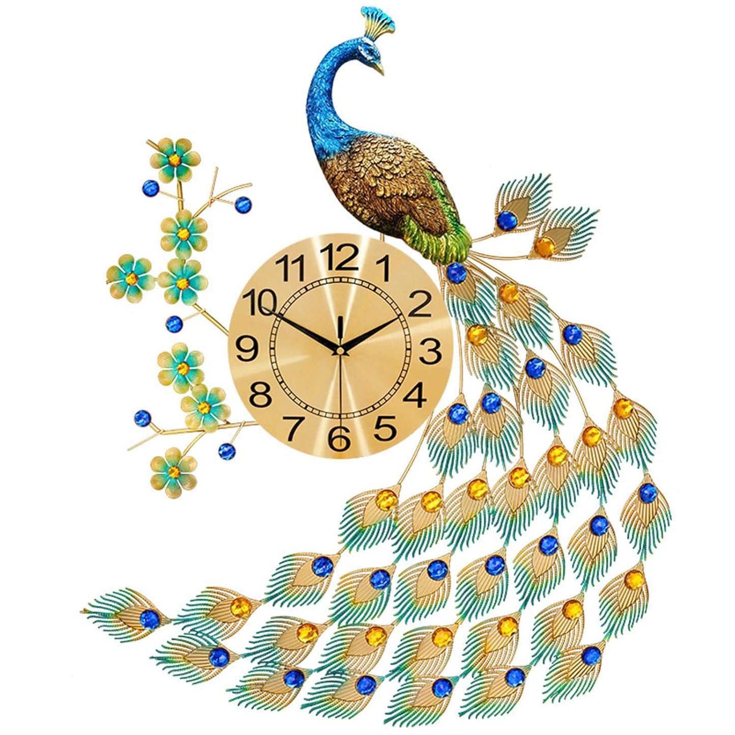 Metal Peacock with Flowers and Gem Stone Wall Clock