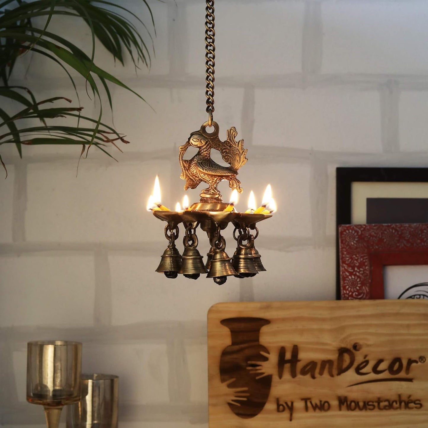 Peacock Design Brass Hanging Diya with Bells, Height: 14 Inches