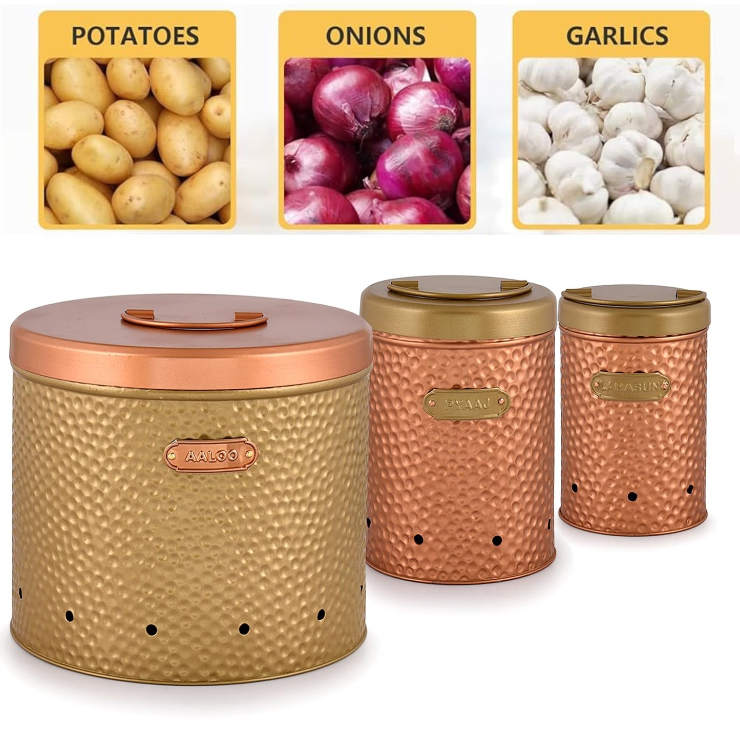 Set of three metallic storage jars with labels for potatoes, onions, and garlics