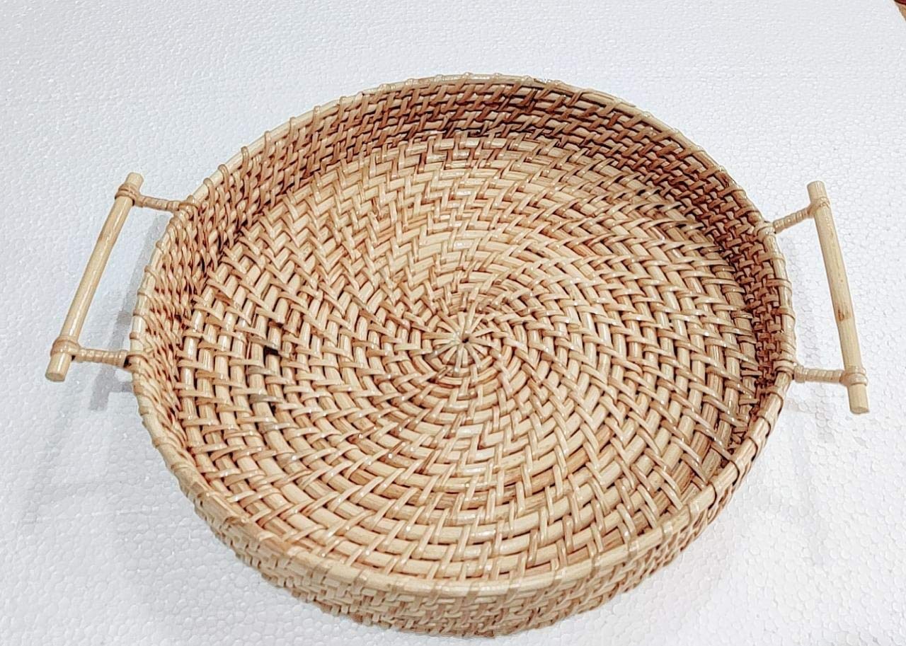 Handmade Cane Round Serving Tray with Handle