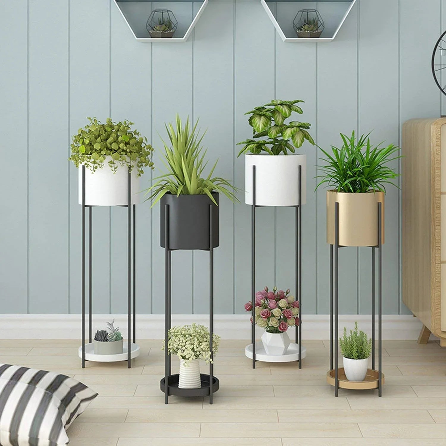 Indoor Metal Plant Stand 18 Inch & 16 Inch Modern Iron Flower Pot Stand with Base Shelf