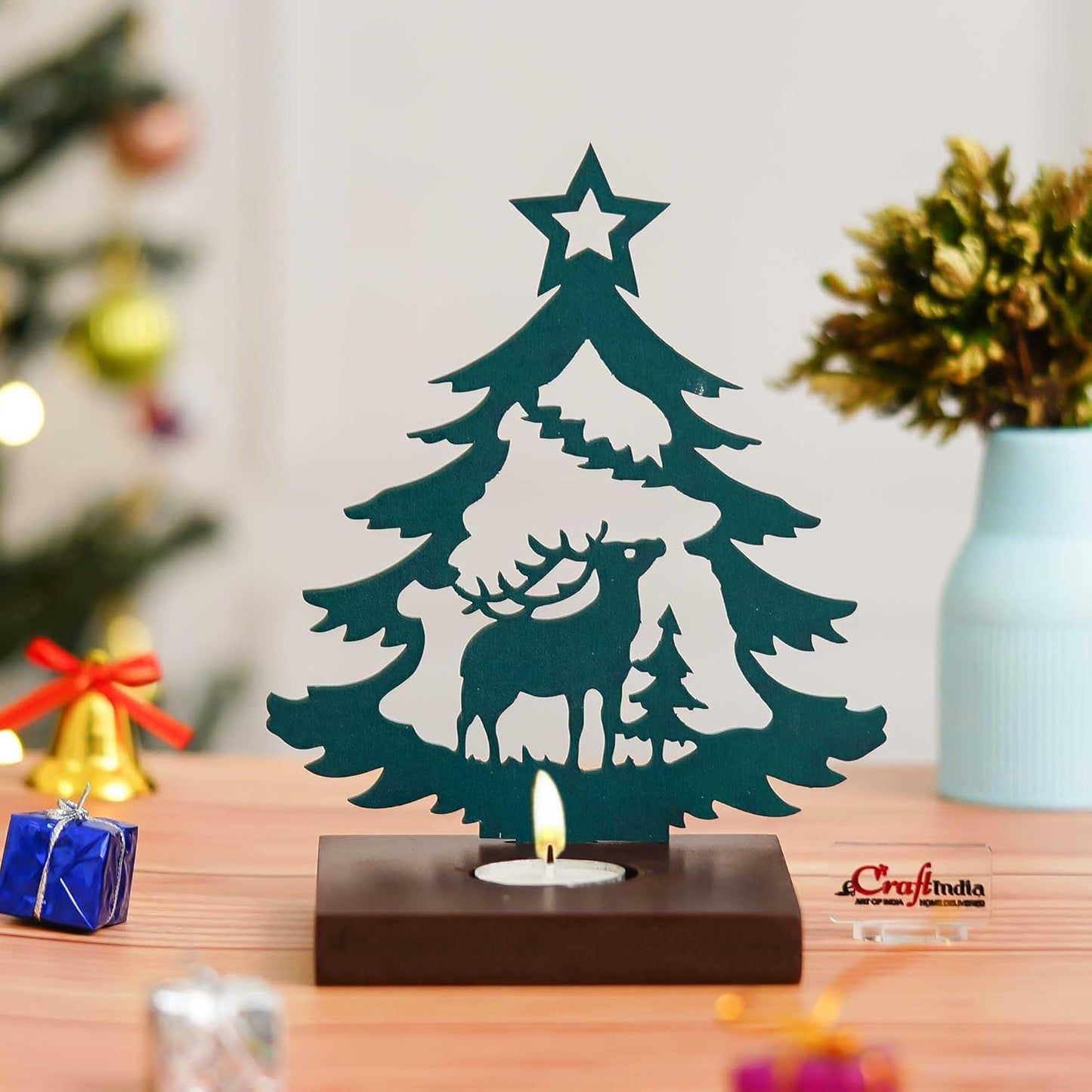Merry Christmas Tree Reindeer Showpiece Decorative T-Light Candle Holder (Wooden Green)