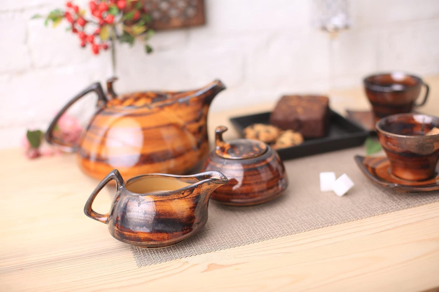 Ceramic Handmade Tea Set with Kettle Brown Timberland Printed Tea Set (Set of 15 pcs)