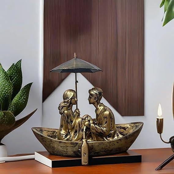 Resin Golden Boat Love Couple Statue on Table Front
