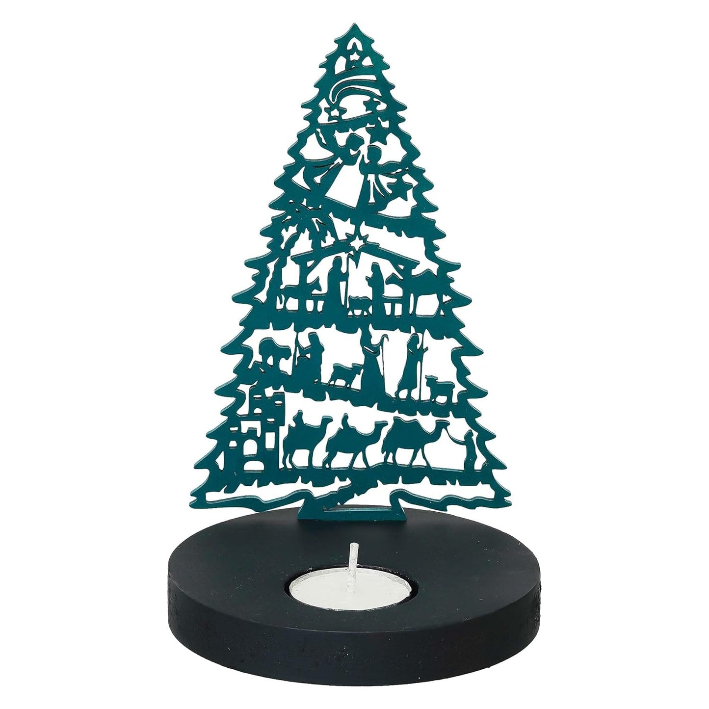 Decorative candle holder shaped like a Christmas tree with cut-out figures