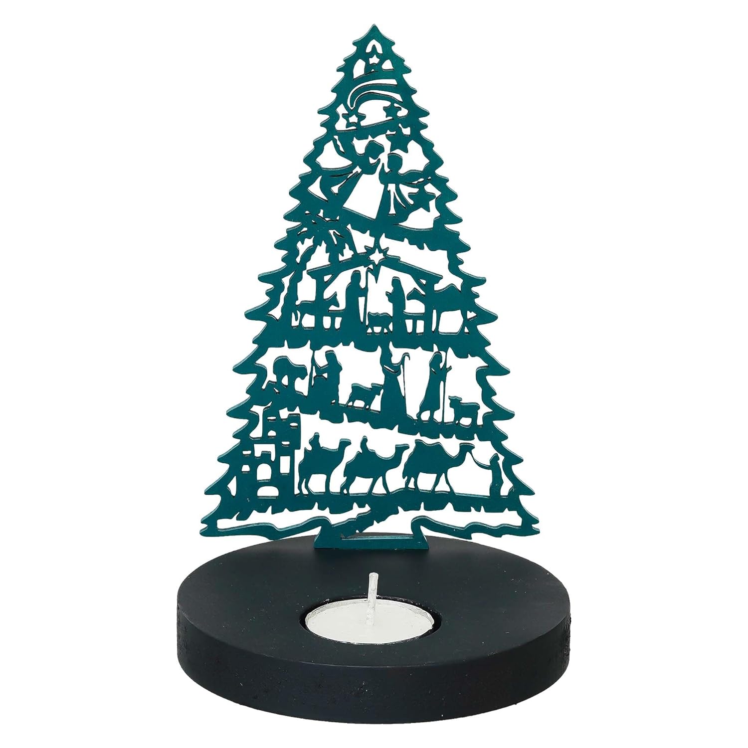 Decorative candle holder shaped like a Christmas tree with cut-out figures