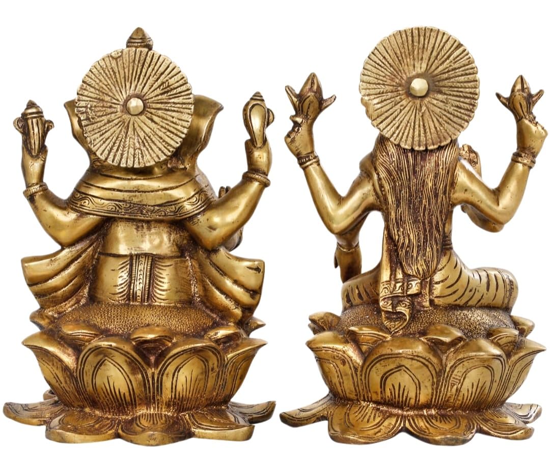 Brass Ganesha Lakshmi Sitting on Lotus Flower Statue