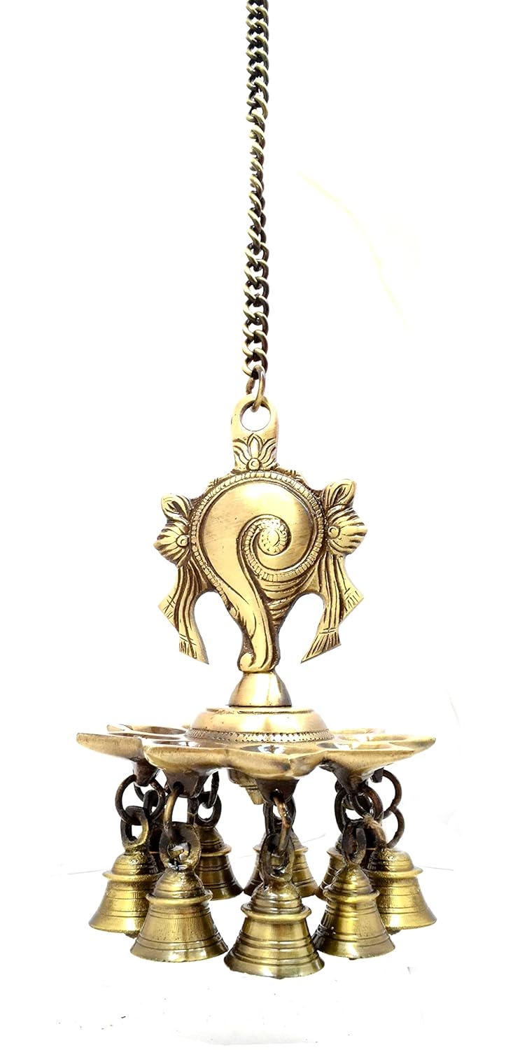 Brass Shankh hanging lamp with 9 wicks and bells for pooja room décor-ArtyCraftz.com