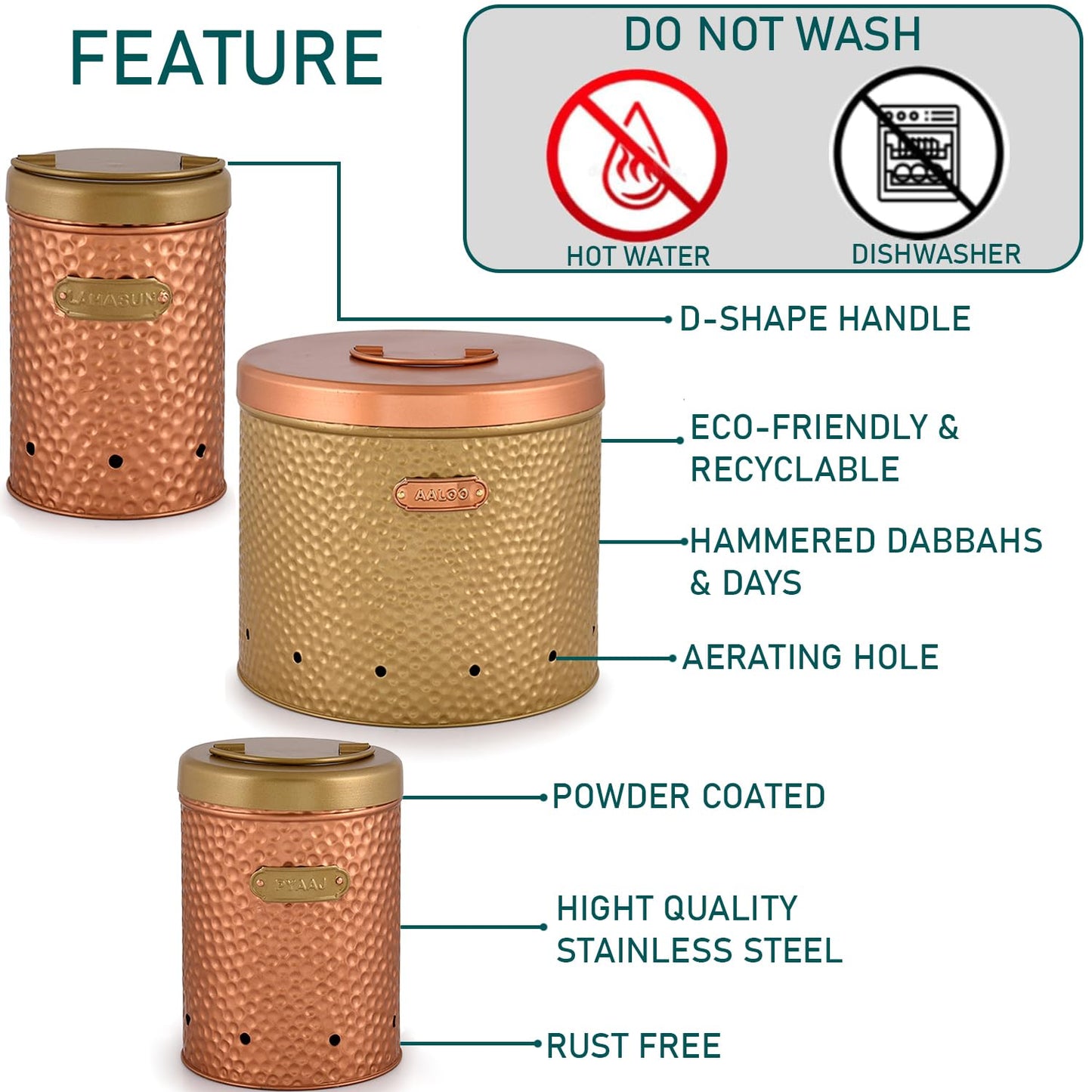 Three copper-colored canisters with features highlighted