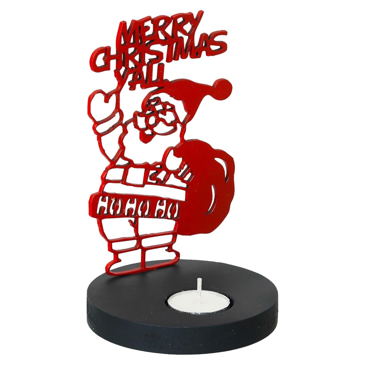Red metal Santa Claus candle holder with 'Merry Christmas Y'all' text