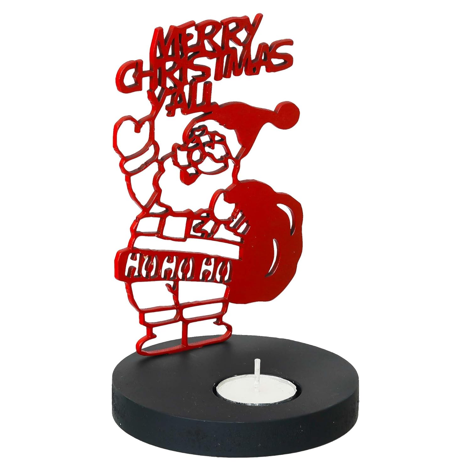 Red metal Santa Claus candle holder with 'Merry Christmas Y'all' text