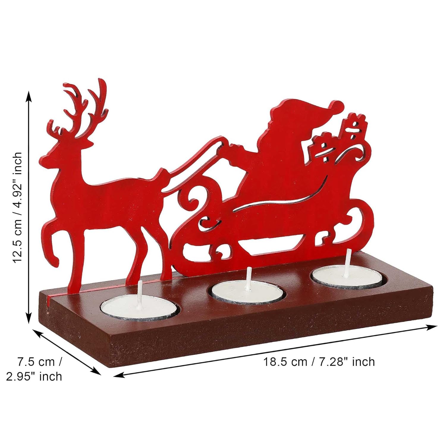 Red Santa Claus and reindeer candle holder with dimensions