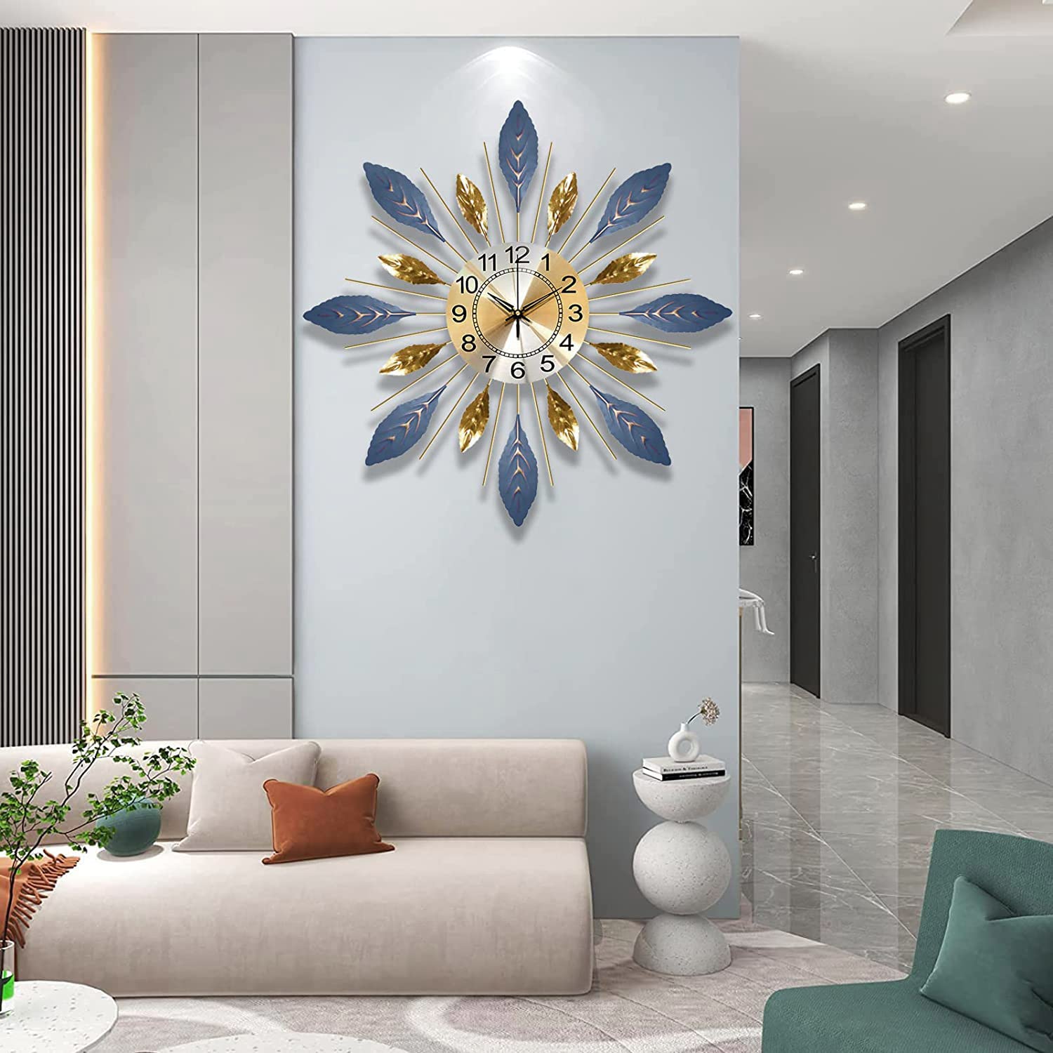 Decorative wall clock with blue and gold accents in a modern living room.