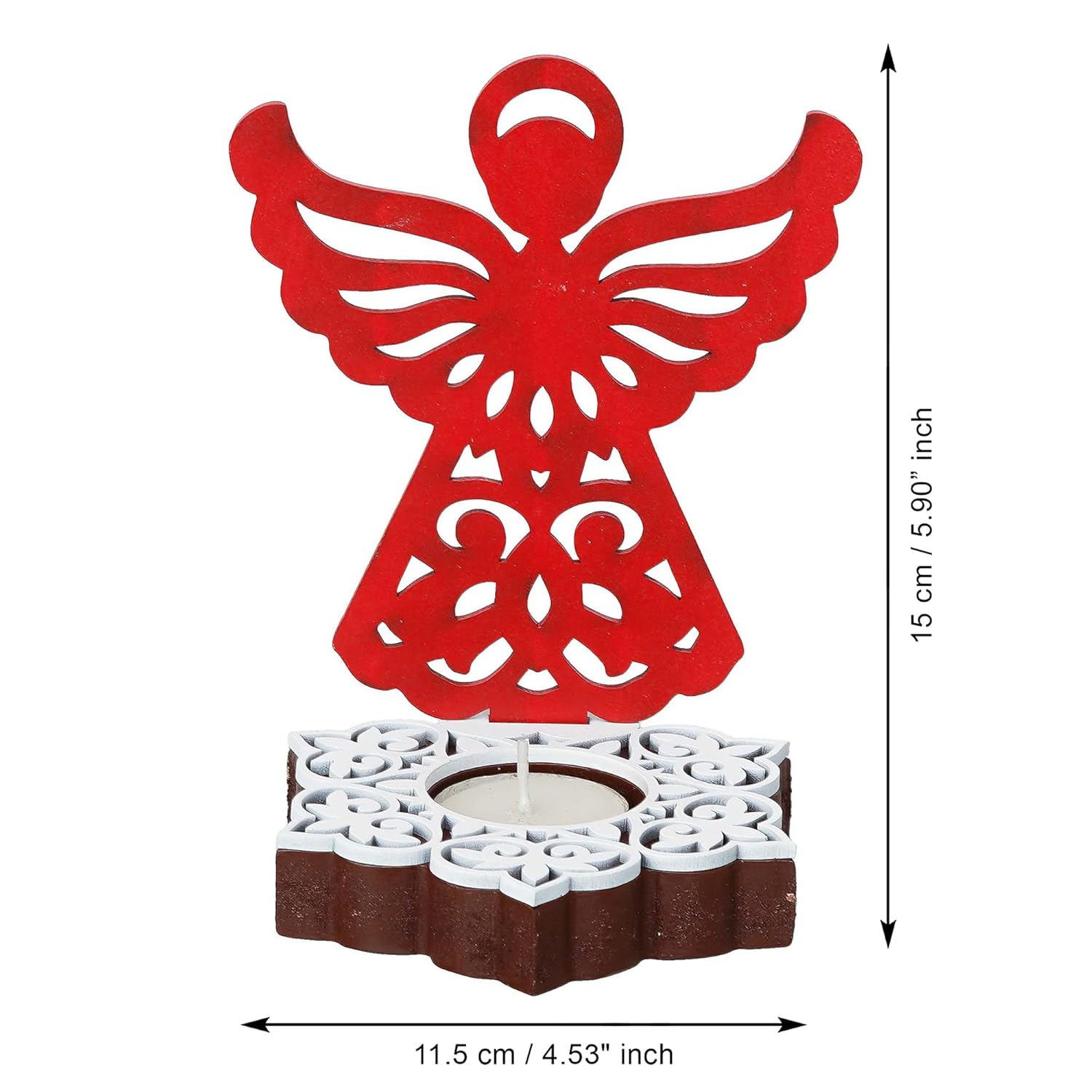 Red angel-shaped candle holder with dimensions