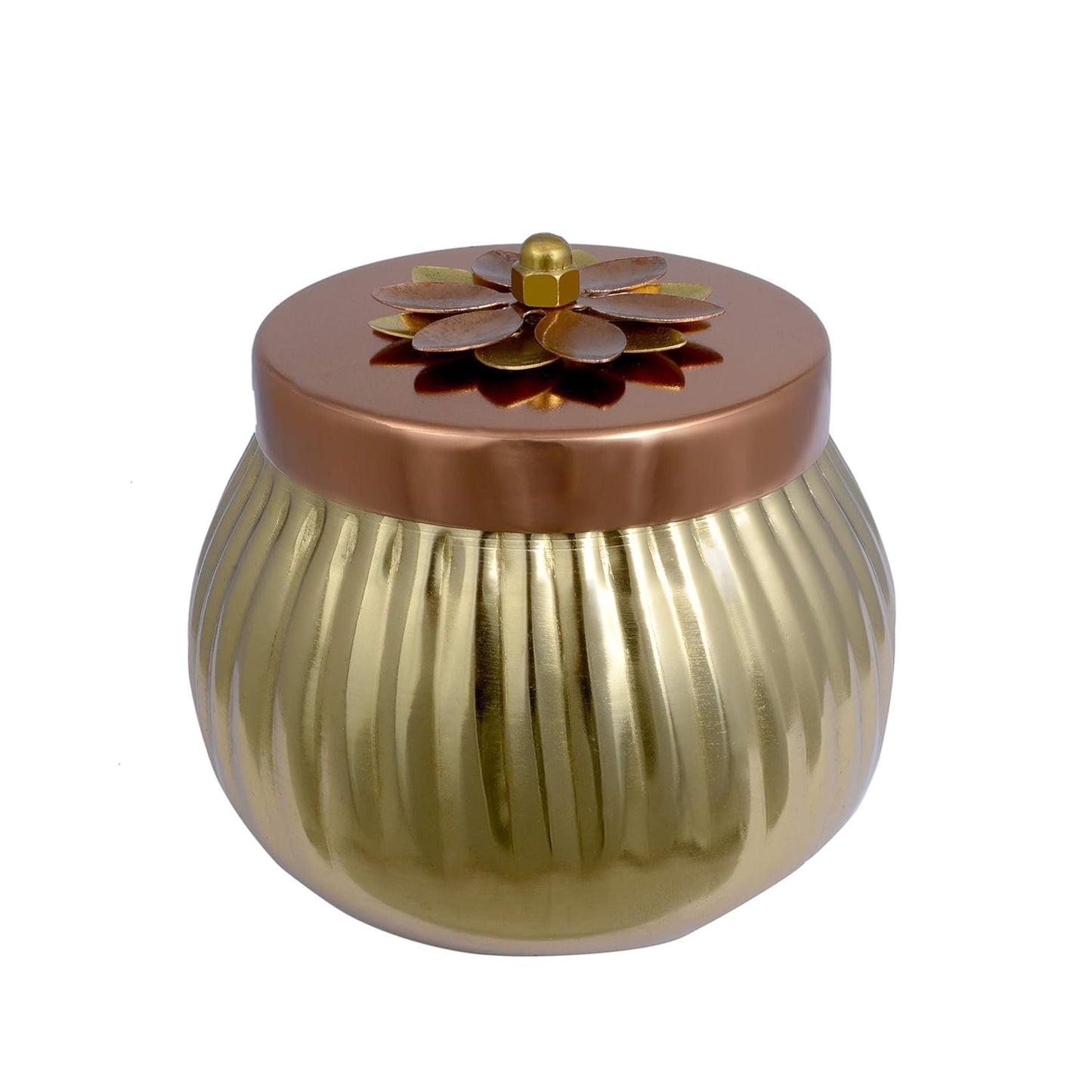 Gold decorative jar with a copper lid on a white background