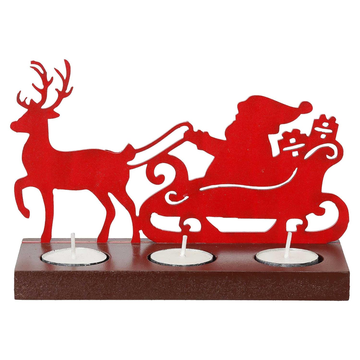 Red metal cutout of Santa Claus in sleigh with reindeer on a wooden base with three candle holders