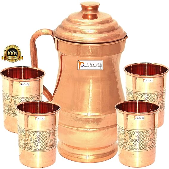 Pure Copper Maharaja Jug, 1800 ML Pitcher with 4 Tumbler Volume 300 ML