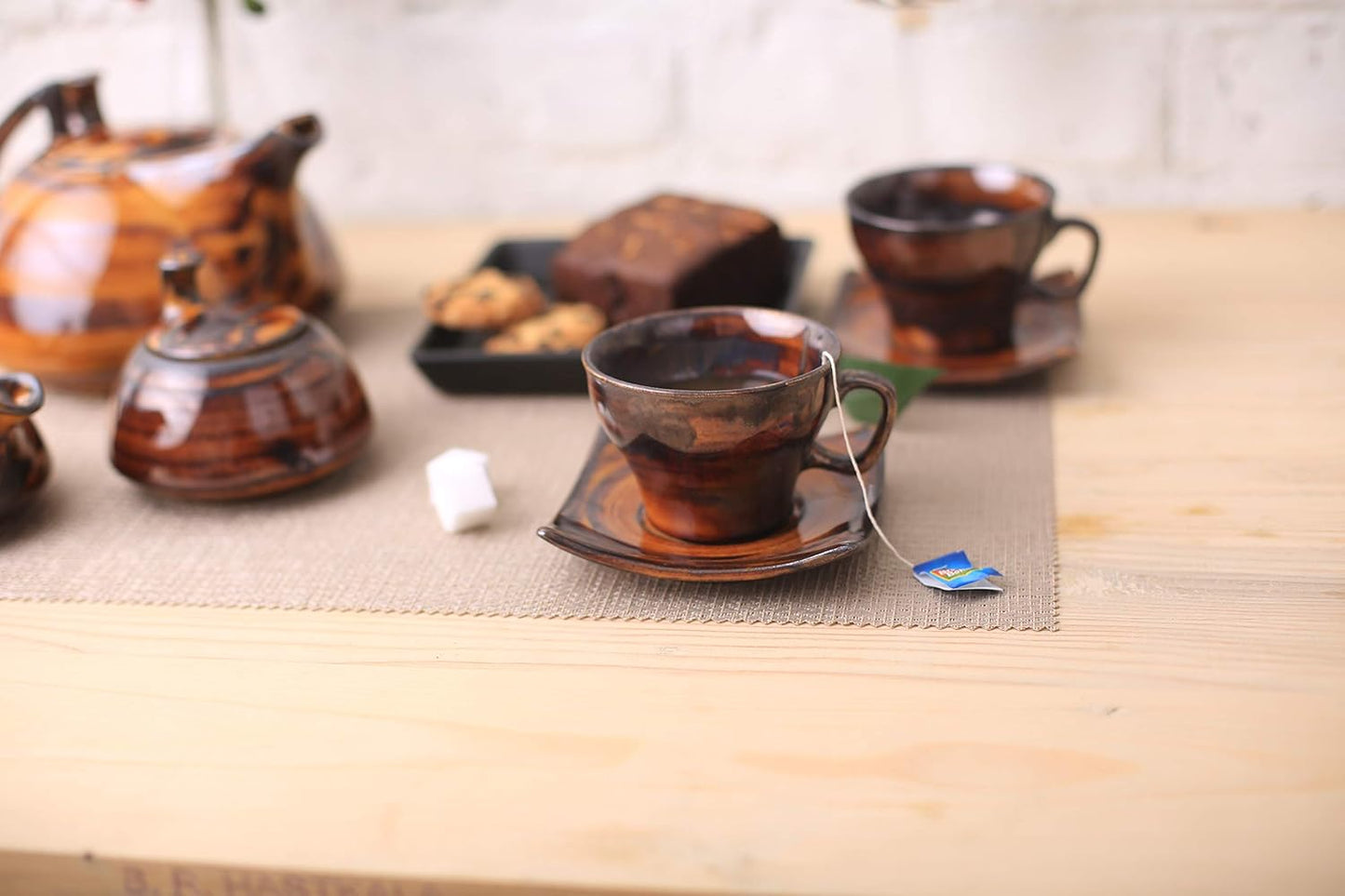 Ceramic Handmade Tea Set with Kettle Brown Timberland Printed Tea Set (Set of 15 pcs)