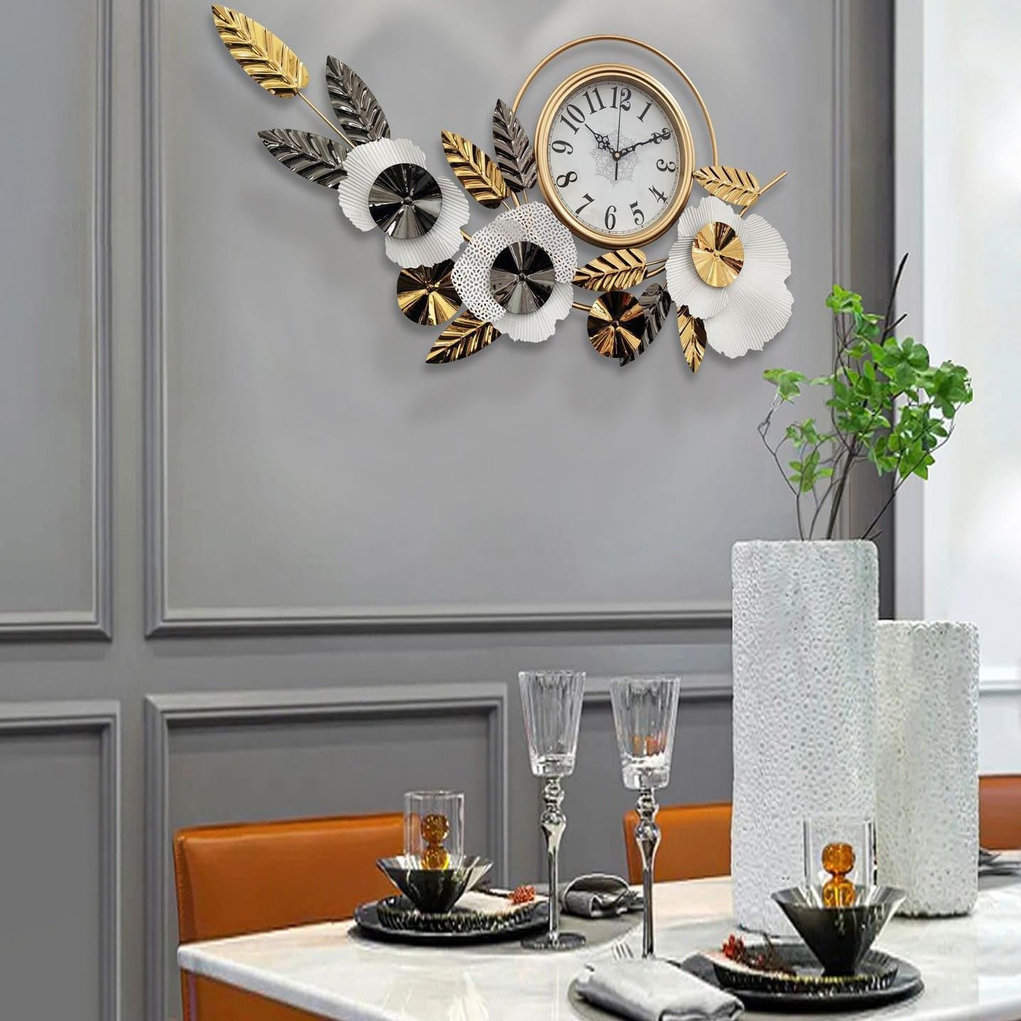 Metal Gold and Black Leaves Wall Clock