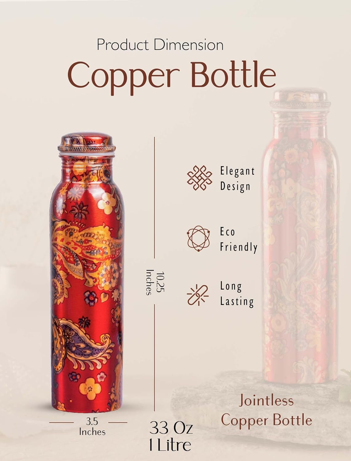 Pure Copper Floral Printed Water Bottle Joint-Less Leak-Proof - ArtyCraftz.com