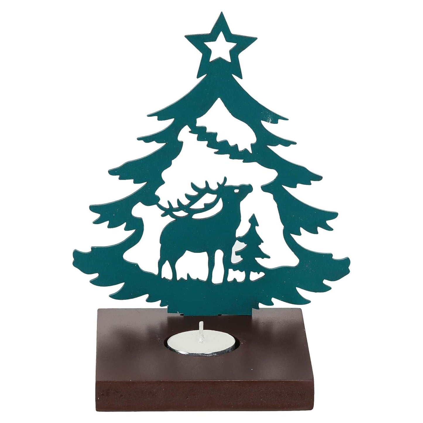 Merry Christmas Tree Reindeer Showpiece Decorative T-Light Candle Holder (Wooden Green)