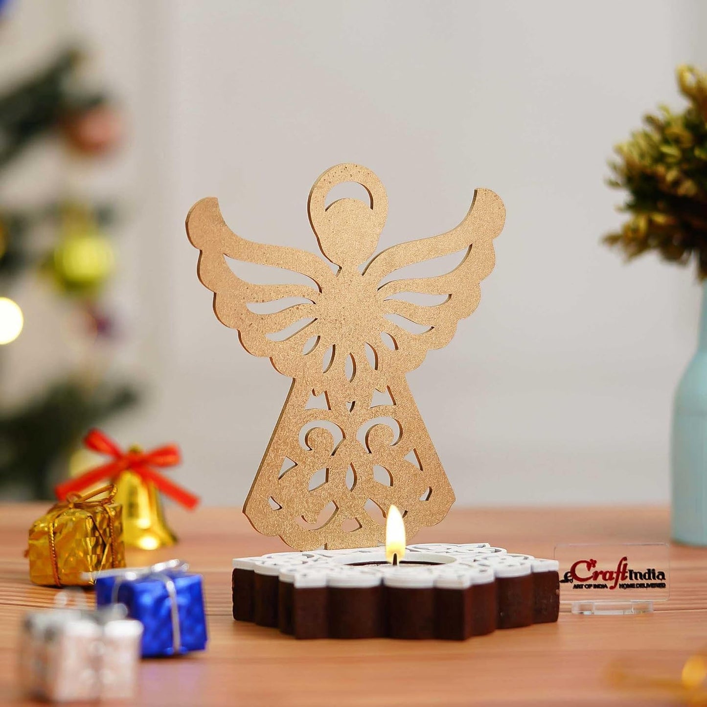 Fairy Showpiece Decorative Tea Light Candle Holder (Wooden, Golden)