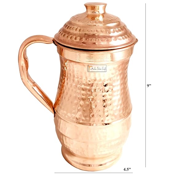 Hammered Design Pure Copper Water Jug 1800 ML with 1 Tumbler Glass 250 ML (Brown)