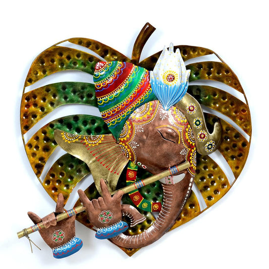 Metal Ganesha On Betel Leaf Wall Art
