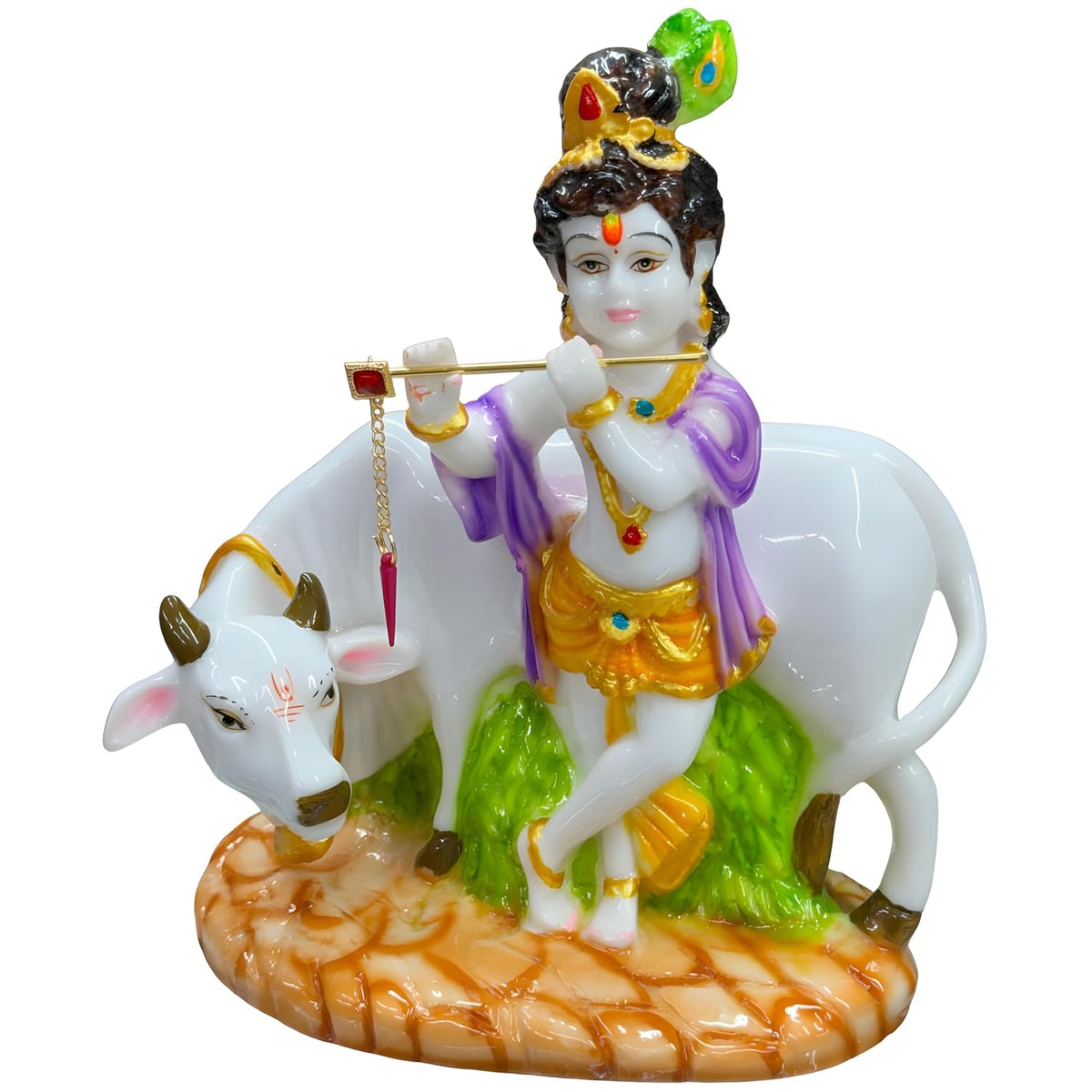 Decorative Marble Krishna with Cow Statue - Small