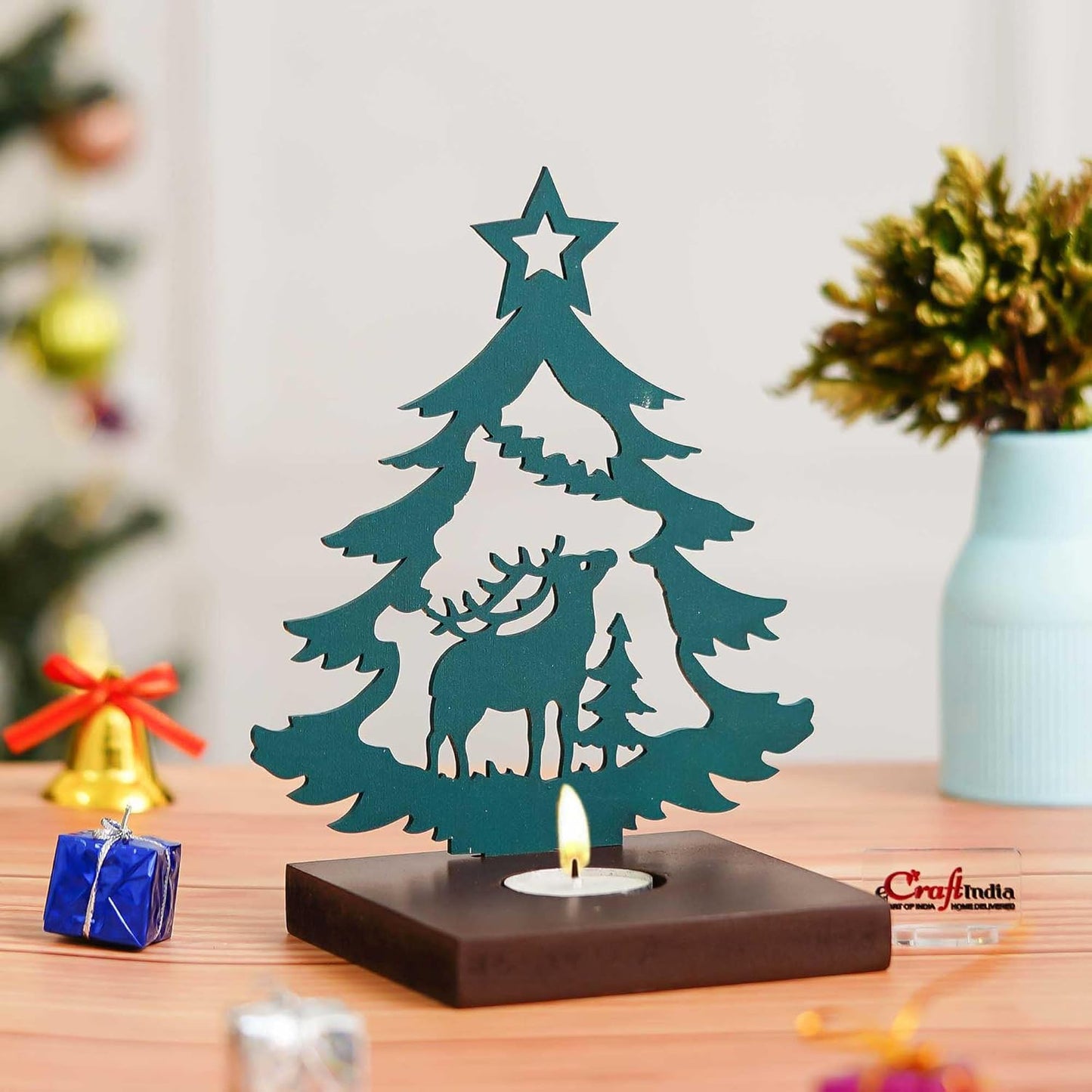 Merry Christmas Tree Reindeer Showpiece Decorative T-Light Candle Holder (Wooden Green)