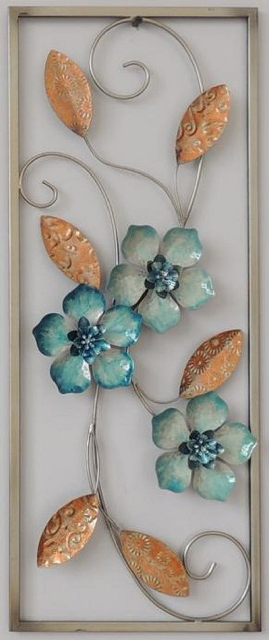 Turquoise Blue Flower Metal Wall Decor with Frame 10"x24"