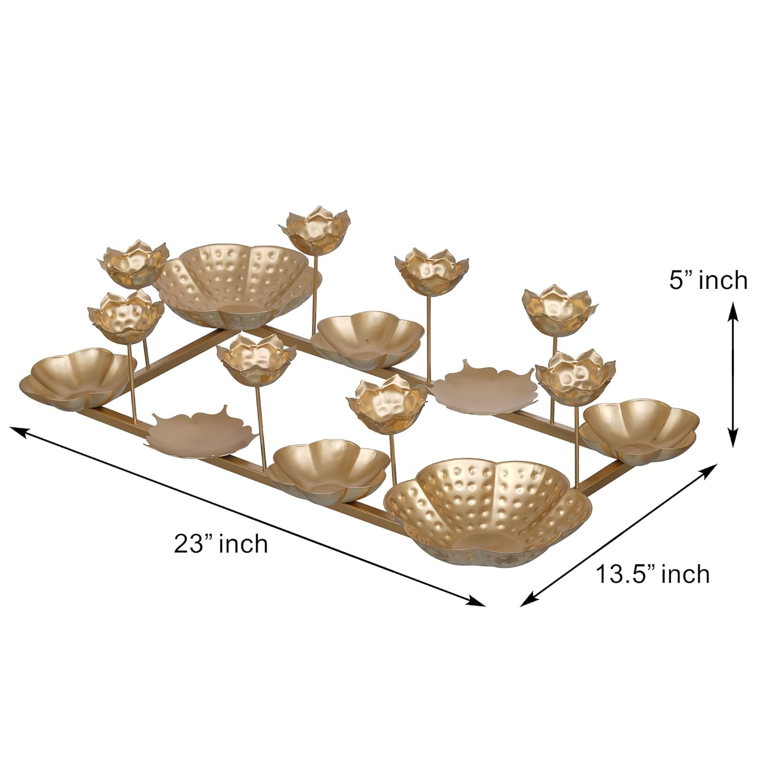 Gold decorative item with dimensions labeled