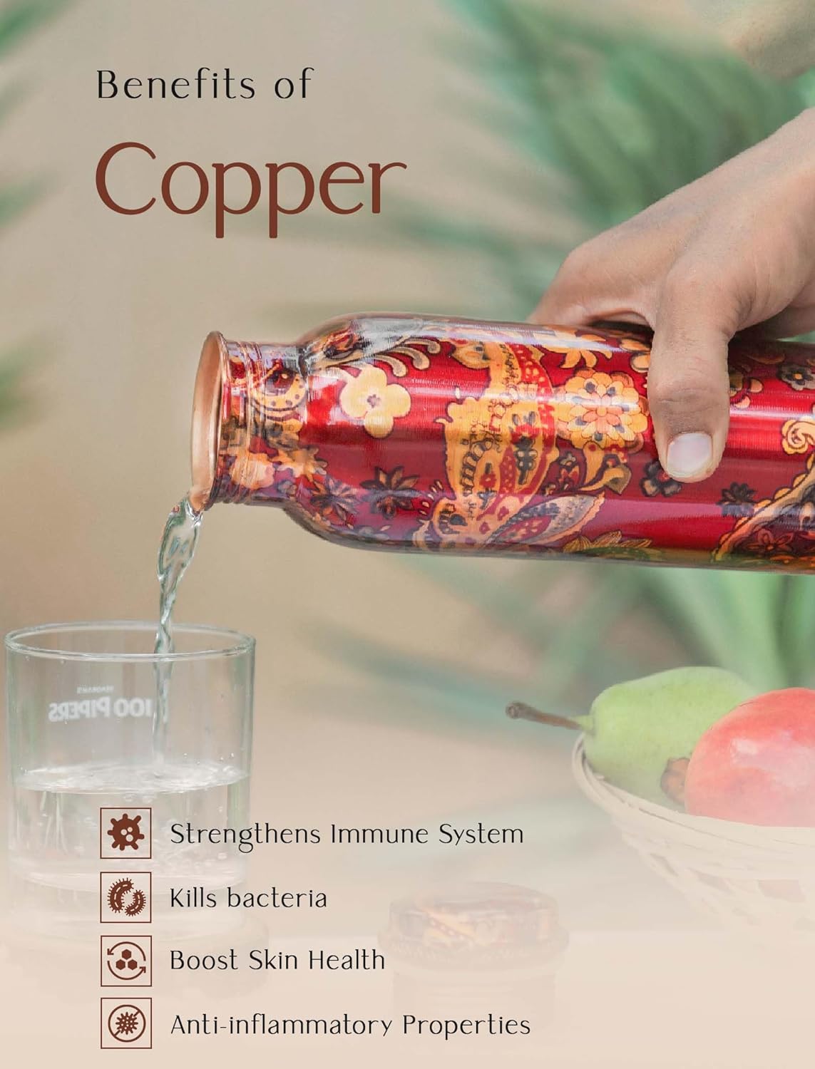 Pure Copper Floral Printed Water Bottle Joint-Less Leak-Proof - ArtyCraftz.com