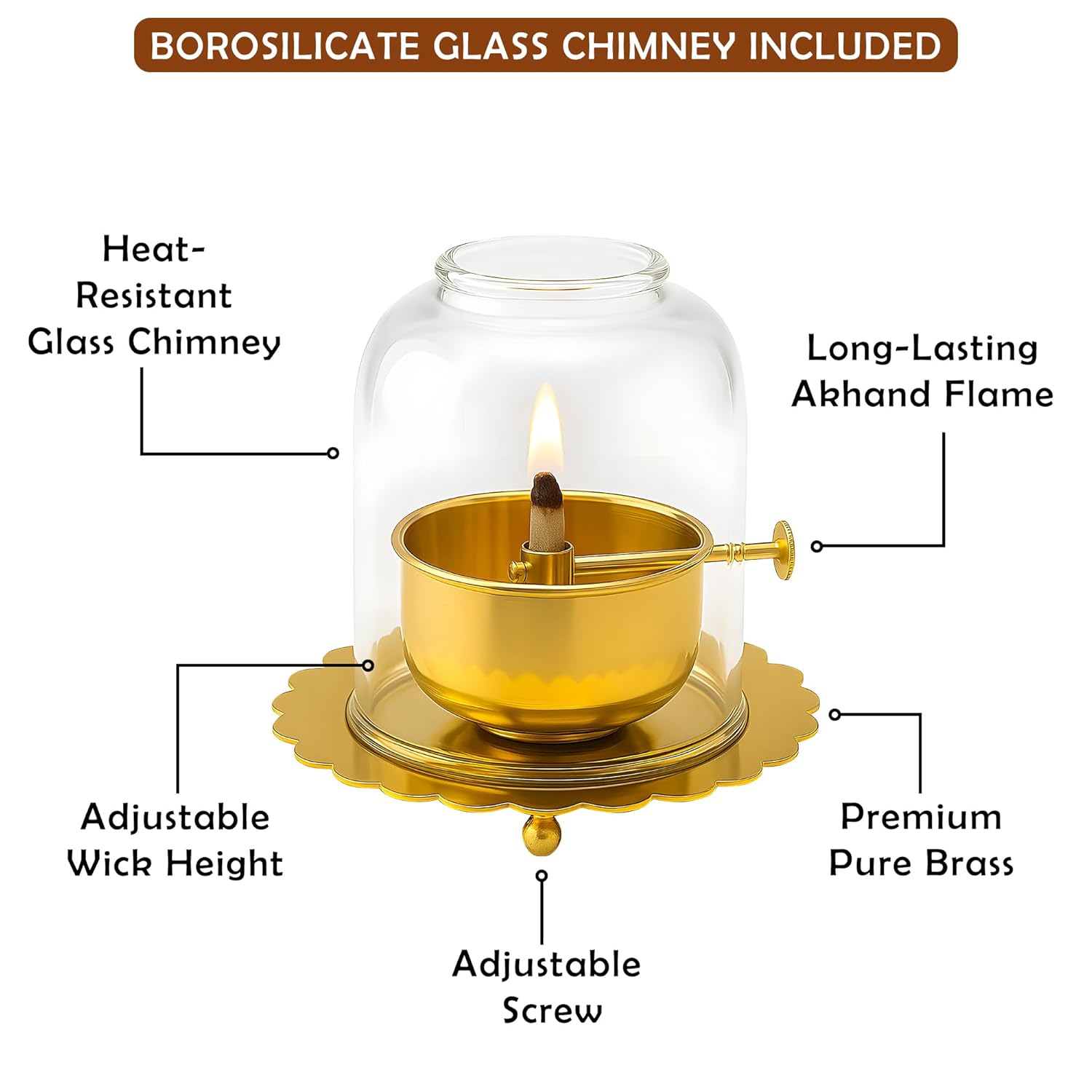 Brass Akhand Jyoti Diya Oil Lamp with Adjustable Bati Knob with all details