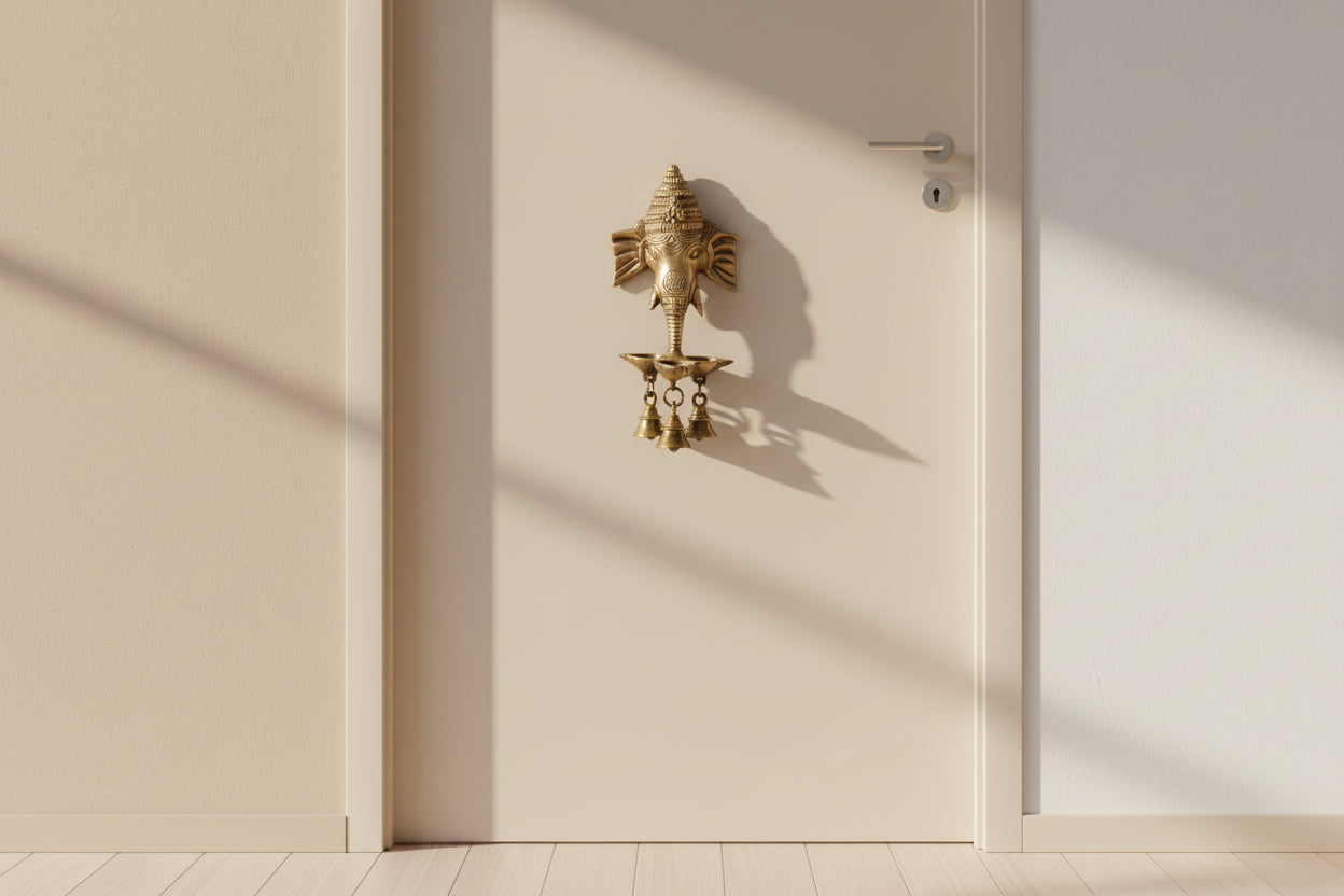 Brass Ganesh Wall Hanging Lamp with 3 Diya & 3 Bells-ArtyCrafz.com