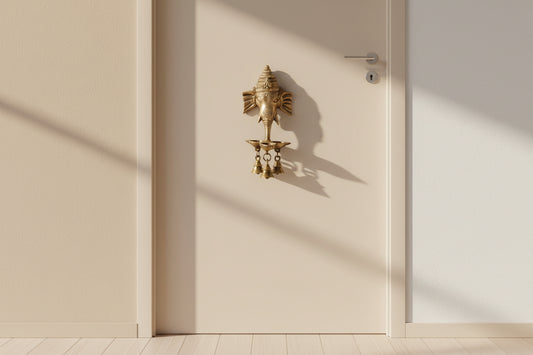 Brass Ganesh Wall Hanging Lamp with 3 Diya & 3 Bells-ArtyCrafz.com