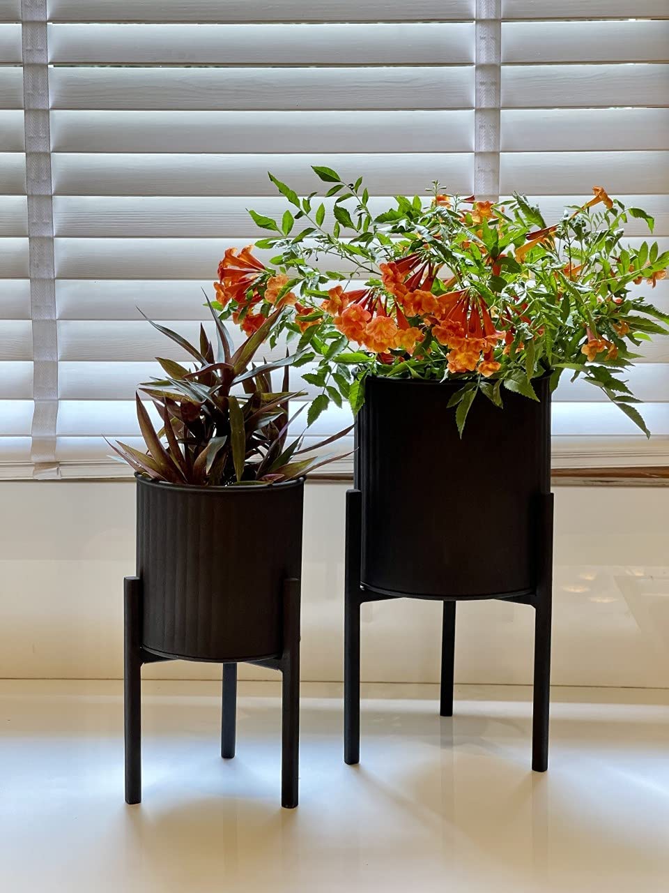 Sophisticated Strip Design Matt Black Iron Planter Holder with Stand