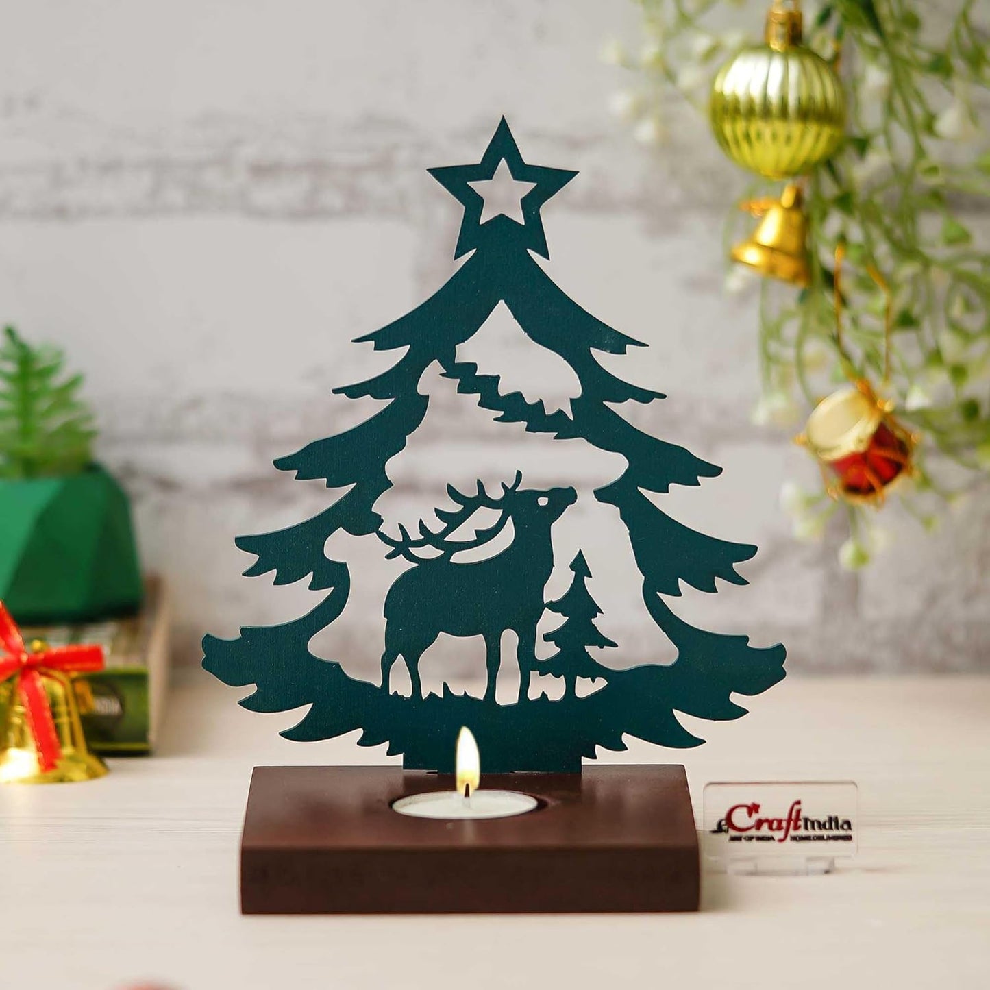 Merry Christmas Tree Reindeer Showpiece Decorative T-Light Candle Holder (Wooden Green)