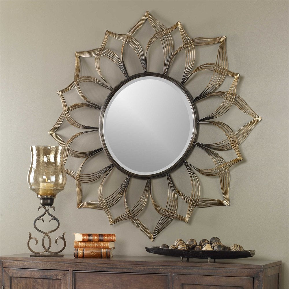 Metal Sunflower Mirror Wall Mounted Hanging (Golden, 35'' x 35'')