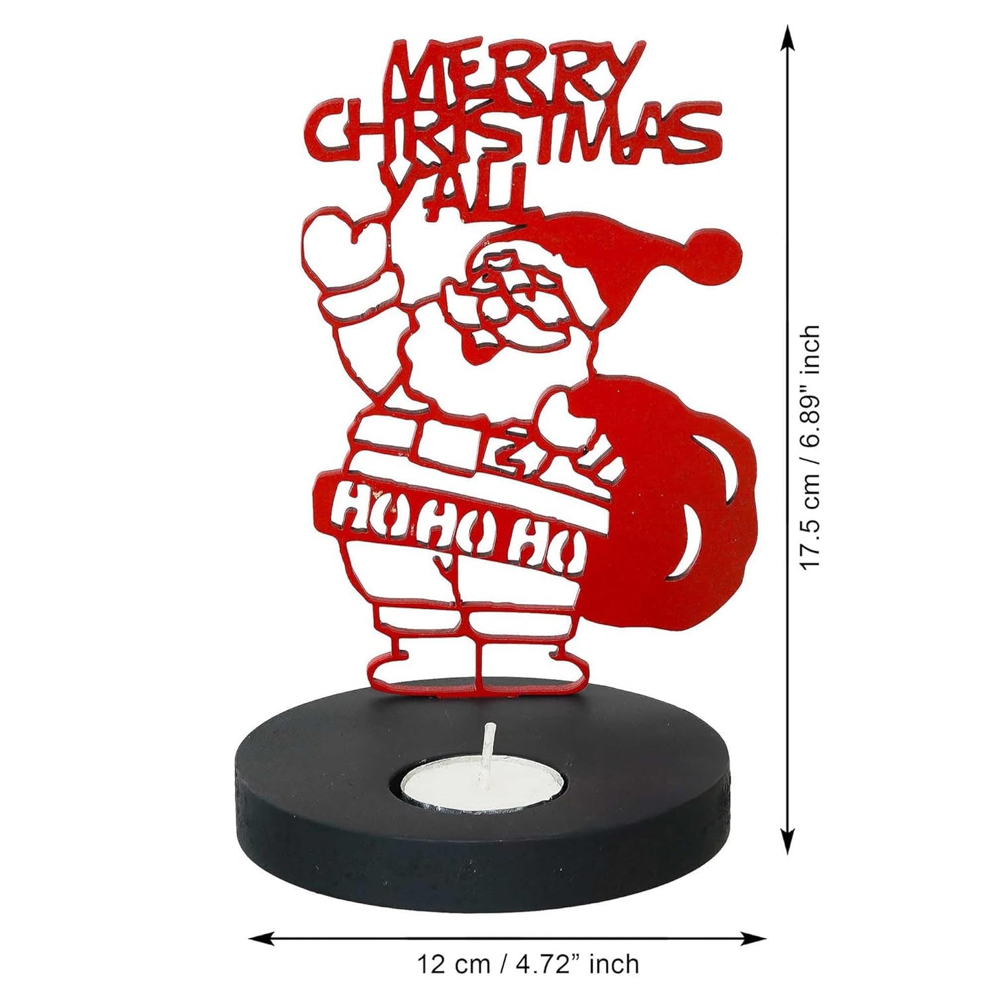 Decorative candle holder with Santa Claus design and 'Merry Christmas Y'all' text, with dimensions