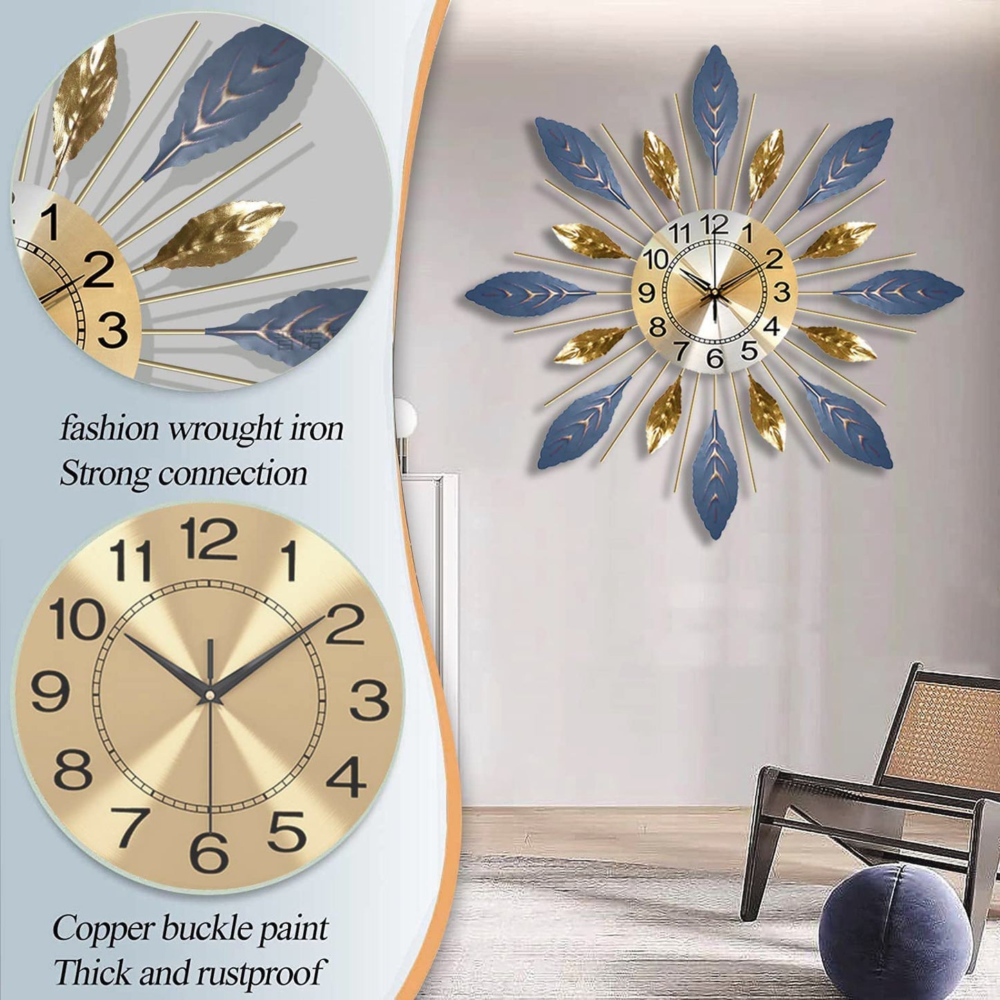 Decorative wall clock with gold and blue design
