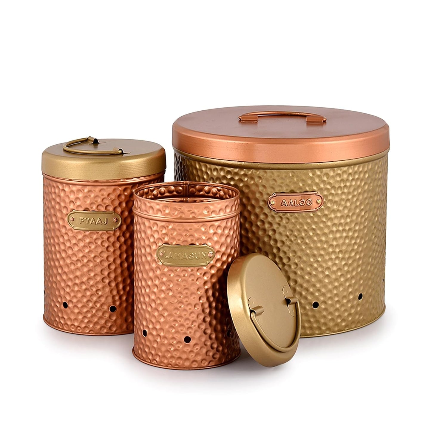 Set of three copper canisters with gold lids